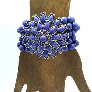 Sapphire Blue Large Crystal Flower Beaded Stretch Bracelet
